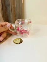 لیوان دوجداره گلدار شیشه‌ای
