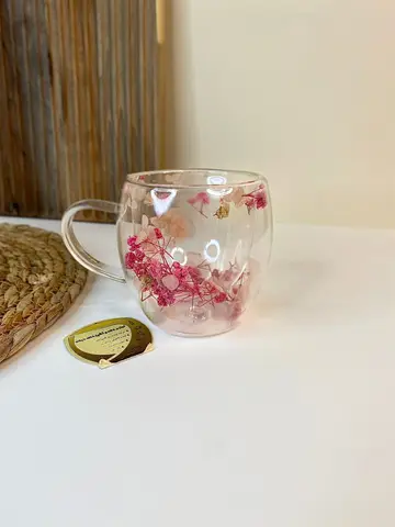 لیوان دوجداره گلدار شیشه‌ای