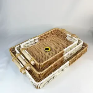 سبد حصیری دورنگ مستطیل دسته چوبی 3 سایز