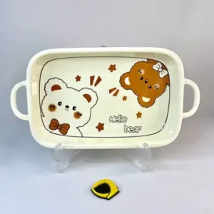 دیس سرامیکی مستطیلی دو دسته تدی کرمی Hello bear