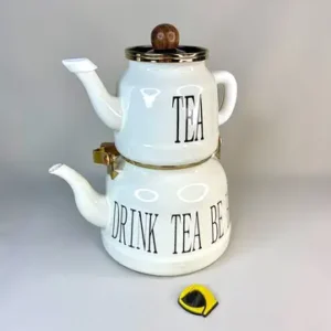 کتری و قوری لعابی سفید دسته چوبی DRINK TEA BE HAPPY