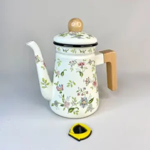 کتری لعابی طرح گل بهاری دسته بغل چوبی